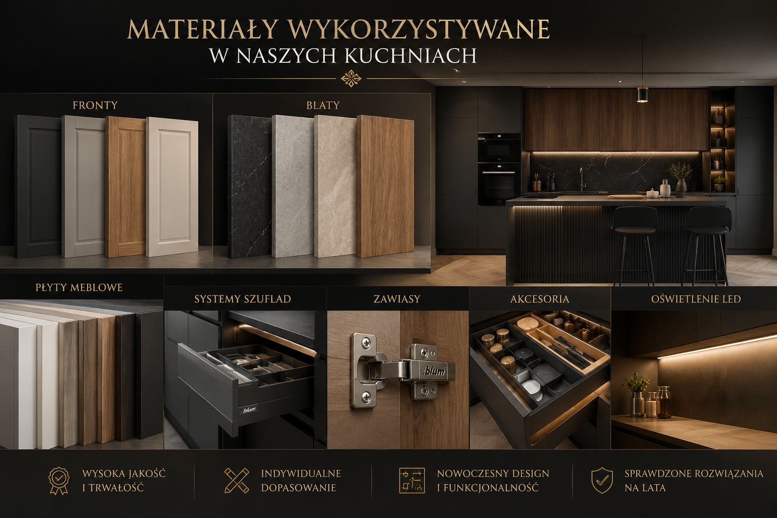 Materiały wykorzystywane w kuchniach na wymiar – fronty, blaty, płyty meblowe, systemy szuflad i oświetlenie LED